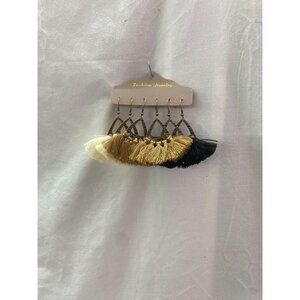 NWTV Boho Style Bronze Dangling Tassel Fan Earrings White, Coffee Color & Black